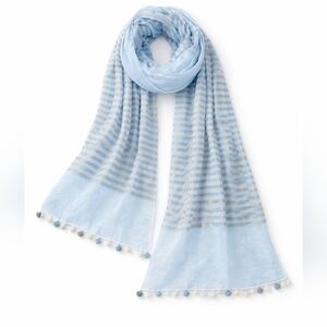 Eileen Fisher Light Blue Metallic Stripe Organic Cotton Scarf Pom Pom Luxe Light